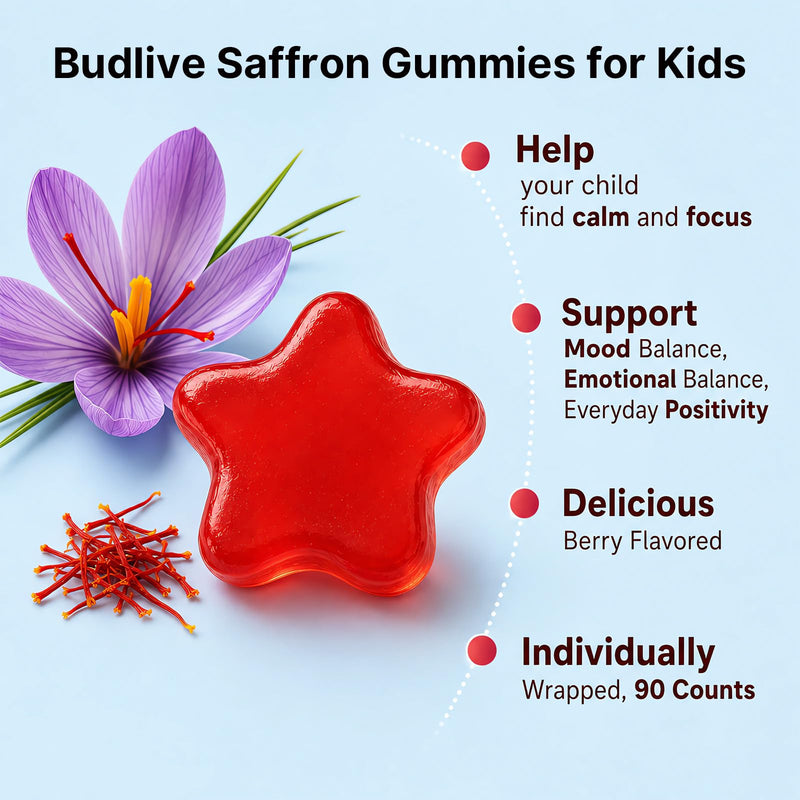 Saffron Gummies for Kids, Mood Munchies Focus Calm Gummies with Saffron Extract Supplements, Support Happy Mood & Cogntion, Individually Wrapped, Natural Berry Flavor, Sugar Free 90 Counts