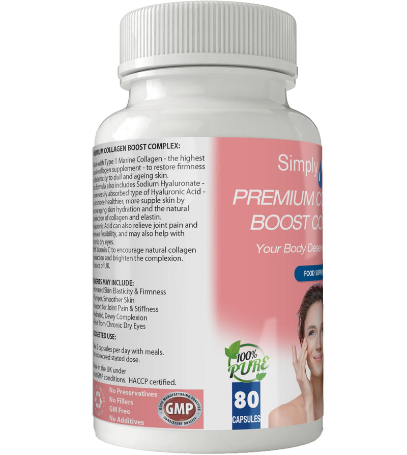 Premium Collagen Boost Complex for Skin & Joint Health | Type 1 Marine Collagen with Hyaluronic Acid & Vitamin C | 600mg Capsules x 80 | GM Free | Gluten Free