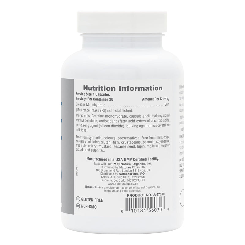 NaturesPlus Creatine Micro-Optimised Capsules - 100% Pure Creatine Monohydrate Supplement for Peak Performance, 3 g per Serving - Vegan, Gluten Free, 120 Capsules, 30 Servings