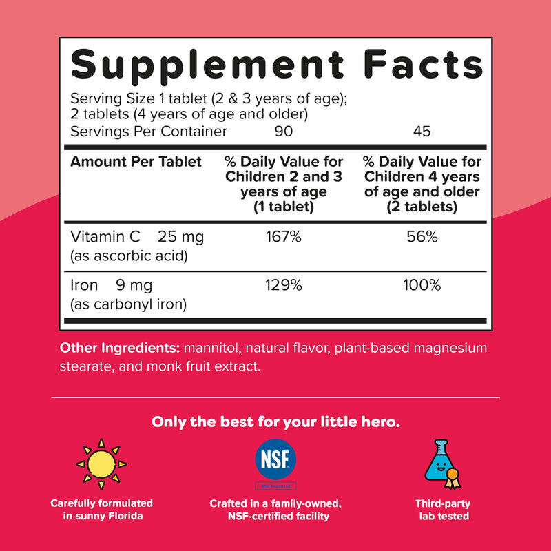 Renzo's Iron Supplements for Kids, Dissolvable Vegan Kids Iron Supplement with Vitamin C, Sugar-Free Melty Tabs, Orange Flavor, 90-Count | 9 mg per tablet, With Vitamin C for Enhanced Absorption, Gentle on the Stomach, Sugar-Free, Orange Flavor, 45-90 ...