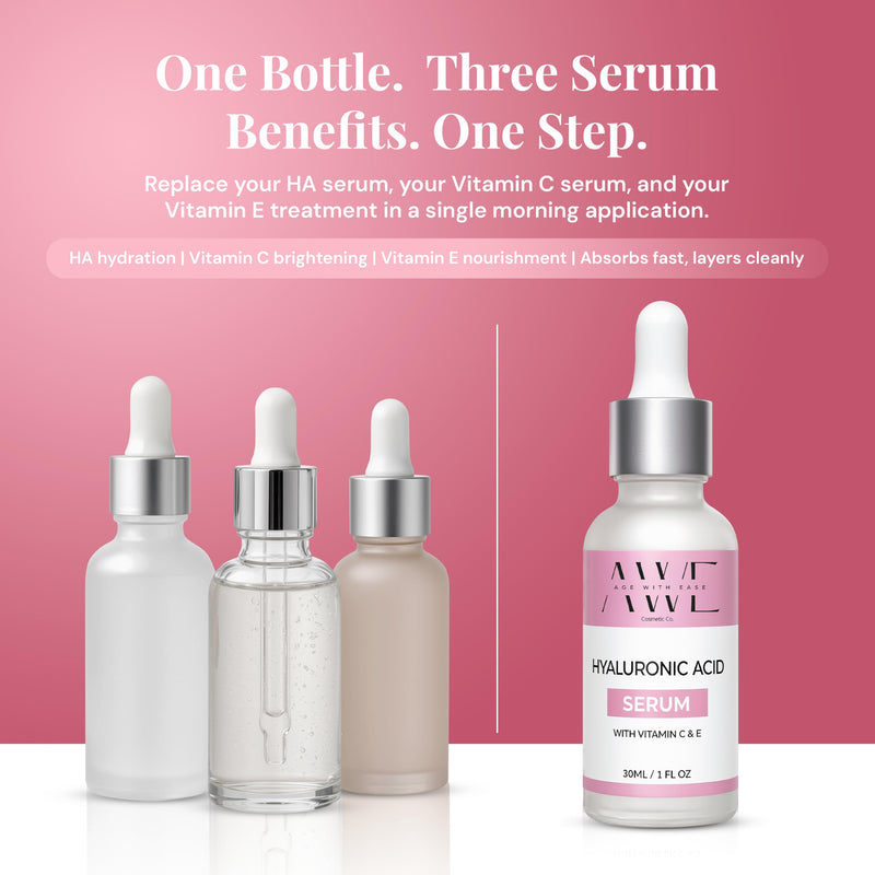 Age with Ease Hyaluronic Acid Serum with Vitamin C and E – 5% Hyaluronic Acid, Brightening Anti-Aging Face Serum, Dark Spot Treatment, Hydrating Skin Serum