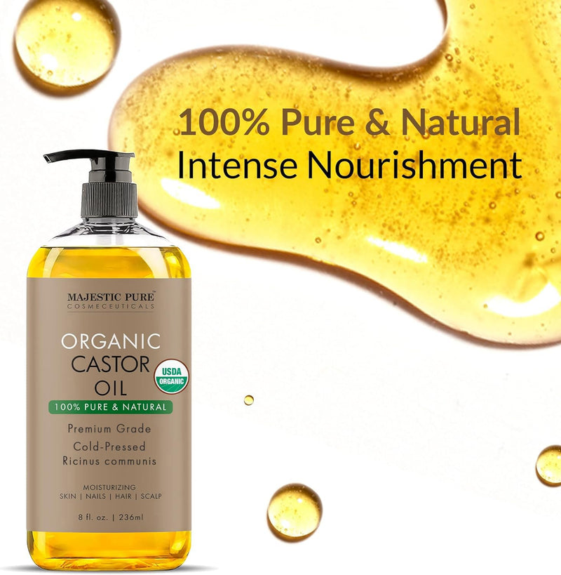 [Australia] - MAJESTIC PURE USDA Organic Castor Oil | Hexane Free & 100% Pure | Cold Pressed | Stimulate Growth for Hair, Eyelashes, Eyebrows, Nails | Body, Hair & Carrier Oil | 8oz 8 Fl Oz (Pack of 1) Castor Usda 