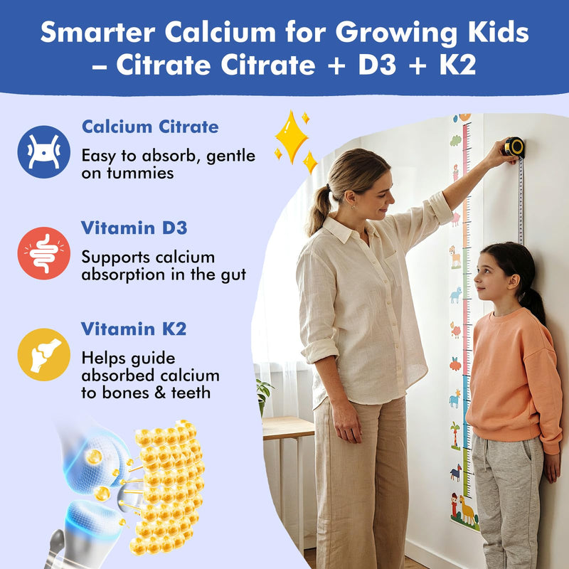 Kids Calcium Citrate Gummies with Vitamin D3 Supplement, Calcium Citrate 300/600 mg with Magnesium Zinc & Multivitamin for Kids 4+, Support Bone Muscle & Digestive Health, Sugar Free Strawberry,120ct 60 Count (Pack of 2)
