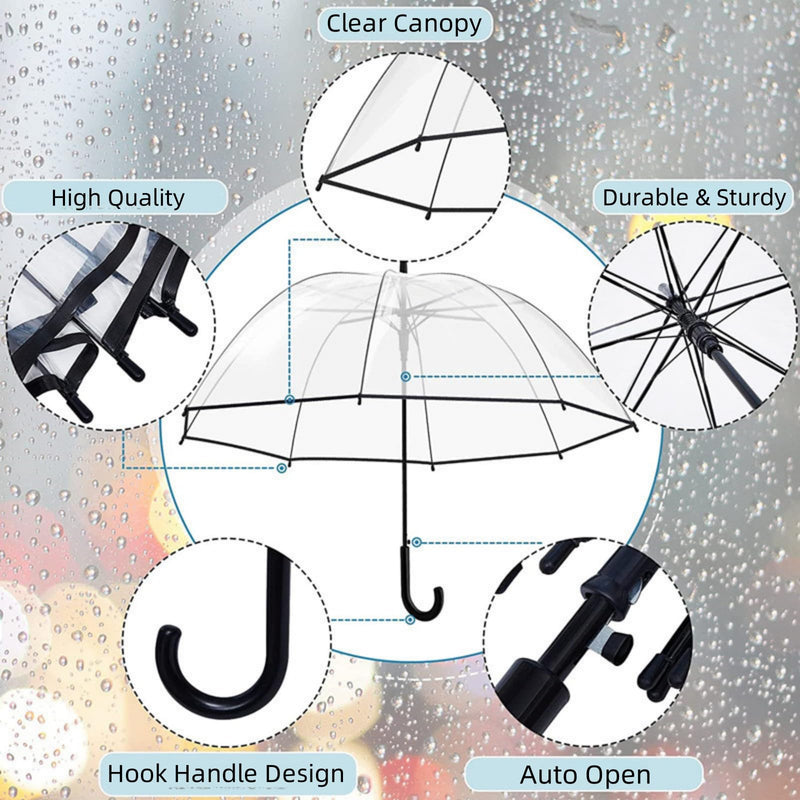 Clear Windproof Bubble Stick Umbrella, Auto Open Rainproof Transparent Umbrella for Adult Boys and Girls, Lightweight Wind and Rain Protection, Dome Canopy (black edge, 2pcs)