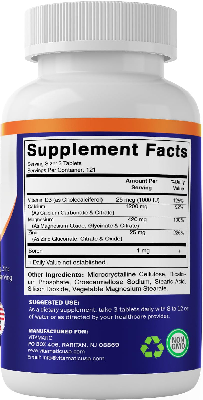 [Australia] - Vitamatic Calcium Magnesium Zinc D3 Boron | 365 Coated Tablets Supplement | Calcium 1200 mg, Magnesium 420mg, Zinc 25mg, Vitamin D3 1000 IU, Boron 1 mg | Non-GMO | Gluten Free | Made in USA 