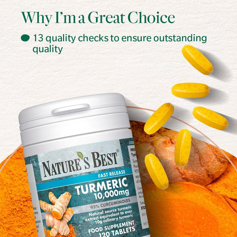 Nature's Best Turmeric 10,000mg Tablets Fast Release - High-Strength, 95% Curcuminoids - Taste-Free - UK Made - 120 Tablets (4 Months' Supply)