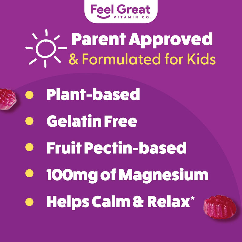 Feel Great Kids Magnesium Citrate Gummies, Calm Support, 60 Count | Magnesium Citrate for Calm Support, Natural Berry Flavor, Ages 4+, Kids Gummy
