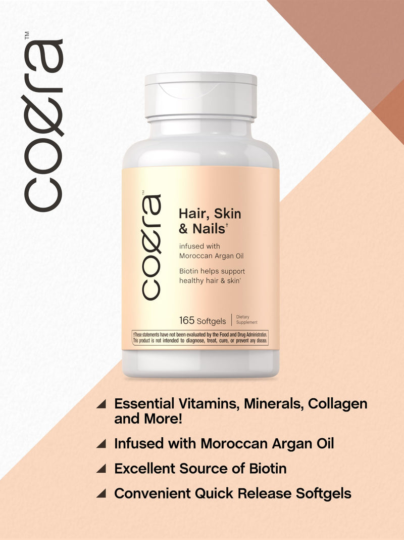 Coera Hair Skin & Nails with Biotin, Collagen, and Moroccan Argan Oil | 165 Softgels | For Men and Women | Non-GMO, Gluten Free Supplement