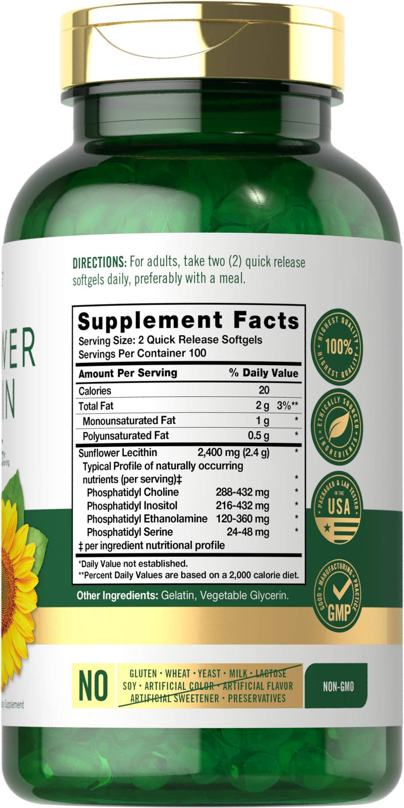 Carlyle Sunflower Lecithin Softgel Capsules | 2400mg | 200 Count | Rich in Phosphatidyl Choline | Non-GMO, Soy Free, Gluten Free Supplement