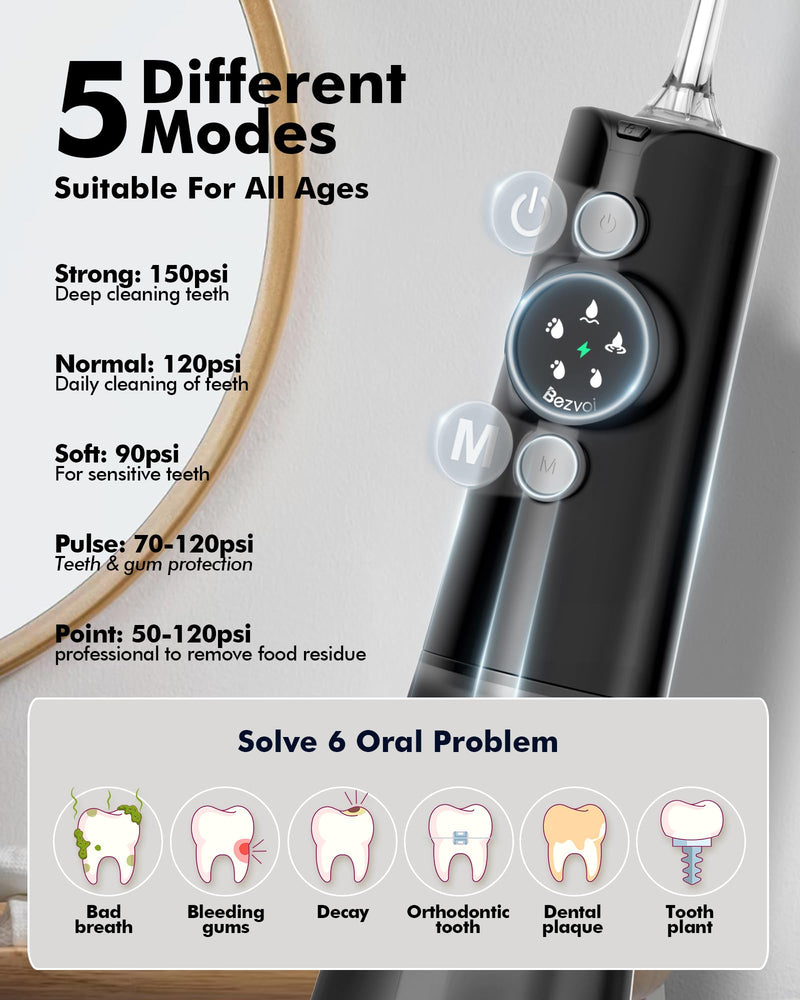[Australia] - Bezvoi Oral Irrigator Wireless Teeth Cleaning Water Flosser: LED Display 5 Modes Dental Irrigator with 300ML Water Tank & 6 Nozzles, IPX7 Waterproof Oral Irrigator Oral Irrigator Test Winner (Black) Black 
