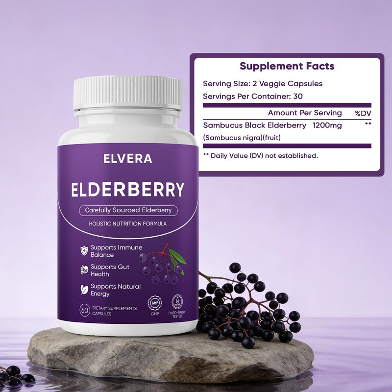 Elvera Elderberry, Elvera Gut Support Complex with Zinc & Vitamin C, Organic Black Elderberry Soft Capsules for Immune Support, Boost Energy, Digestive and Gut Healthy, 60 Capsules (1)