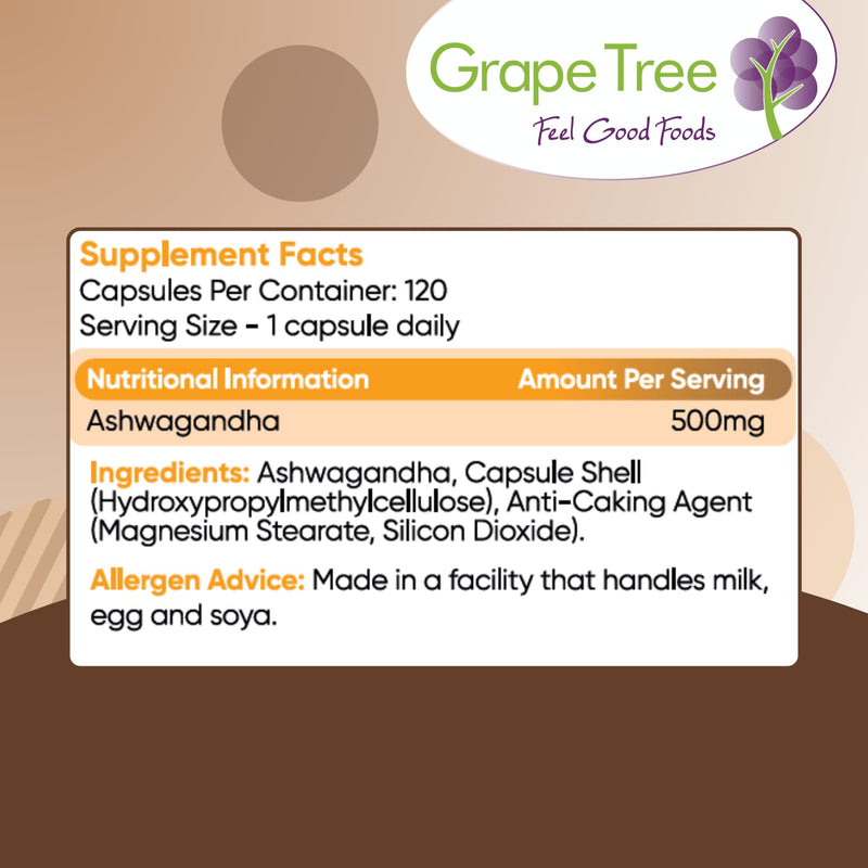 Grape Tree Ashwagandha 500mg 120 Capsules High Strength Ashwagandha Supplement Easy Daily Capsules for Men & Women UK Manufactured Food Supplement