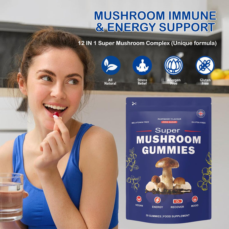 Super Mushroom Gummies with Lion's Mane Supplement, Energy, Focus, Raspberry Flavour (30 Gummies) 30-Gummies