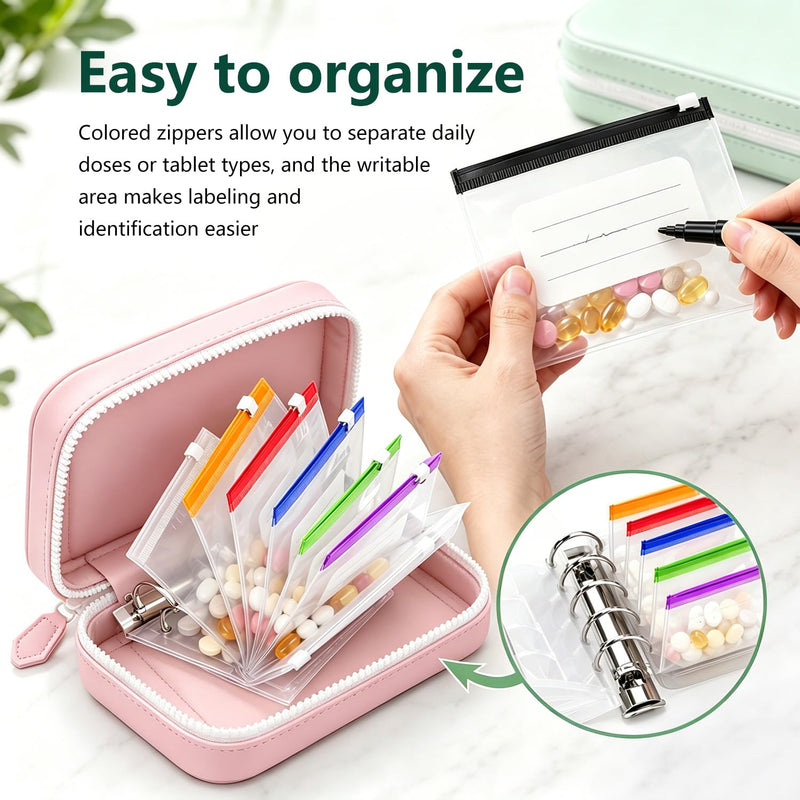 A7 Waterproof Pill Pouch Set, 14pcs Bags Inside Reusable Travel Medicine Organizer, Twice-Daily Large Pill Organizer for Seven Days, Zippered Pill Storage for Fish Oils, Vitamins, Pink