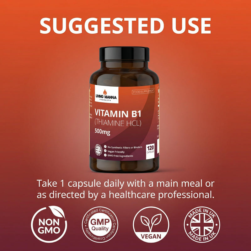 Vitamin B1 Thiamine 500mg High Strength | 120 Vegan Capsules | Energy, Nerve & Brain Support | Pure Thiamine HCl | No Fillers | Made in the UK – Living Manna