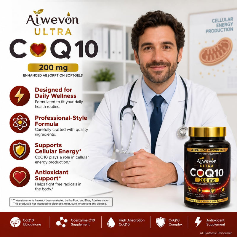 CoQ10 200mg Softgels, Coenzyme Q10 (Ubiquinone) Supplement, High Absorption Formula with Vitamin E, Antioxidant Support, Cellular Energy Support, Heart Wellness Supplement, 120 Softgels