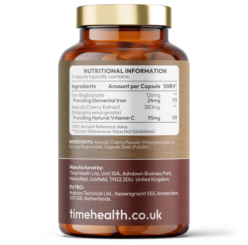 Gentle Iron – High Strength 24mg Iron Plus Natural Vitamin C – 180 Capsules - for Men and Women – Active & Bioavailable Form – UK Made Supplement – GMP Standards – Zero Additives – Vegan