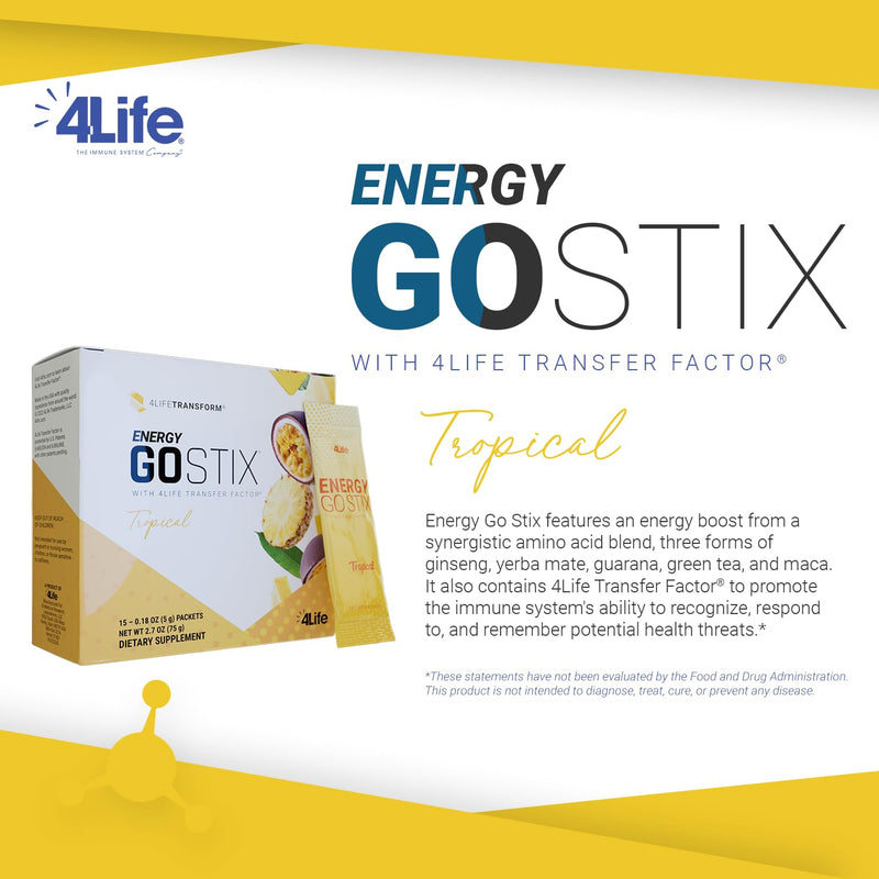 4Life Energy Go Stix Tropical Drink Mix with Amino Acids, 15 Packets | Tropical flavor, Green tea, Yerba mate, Ginseng, Guarana, Maca, Energy supplement, Endurance, Portable stick packs