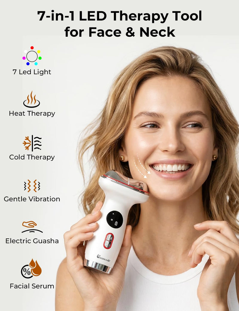 Cold & Heat Face Sculpting Tool with Red Light, Gua Sha & Serum | Hot Electric Gua Sha & Cold Depuffing, 7-in-1 facial tool, for depuffing, sculpting and contouring face, neck and eye area 1 Pack