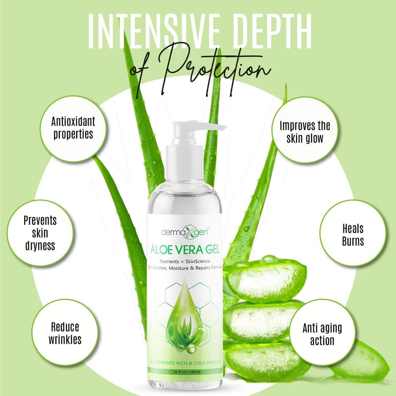 Aloe Vera Gel - Organic 100% Pure Aloe + Witch Hazel + Vitamin C + Vitamin E - Skin Soothes, Moisture And Repair Formula, Nutrients Rich And Cold Pressed - 16 Fl Oz
