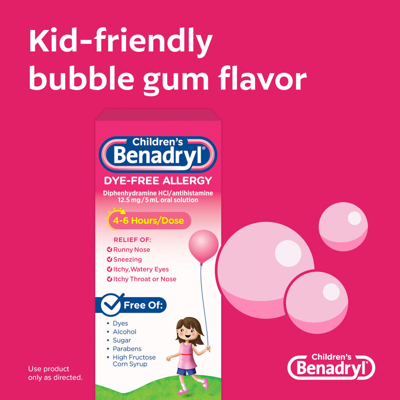 Benadryl Children's Dye-& Sugar-Free Allergy Relief Liquid Medicine with Diphenhydramine HCl, Antihistamine Allergy Medicine for Kids, Dye-Free, Alcohol-Free, Bubble Gum Flavor, 8 fl. Oz Bubblegum 8 Fl Oz