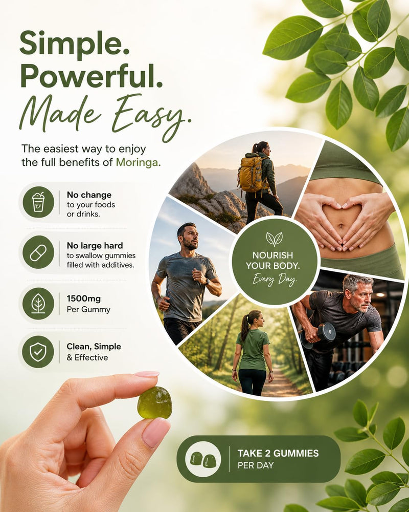 Moringa Gummies – Premium 3000mg Superfood, Vegan & Sugar Free, Immune & Energy Support, Antioxidant Rich, Gluten Free, Non-GMO, Lemon Flavor, 60 Gummies
