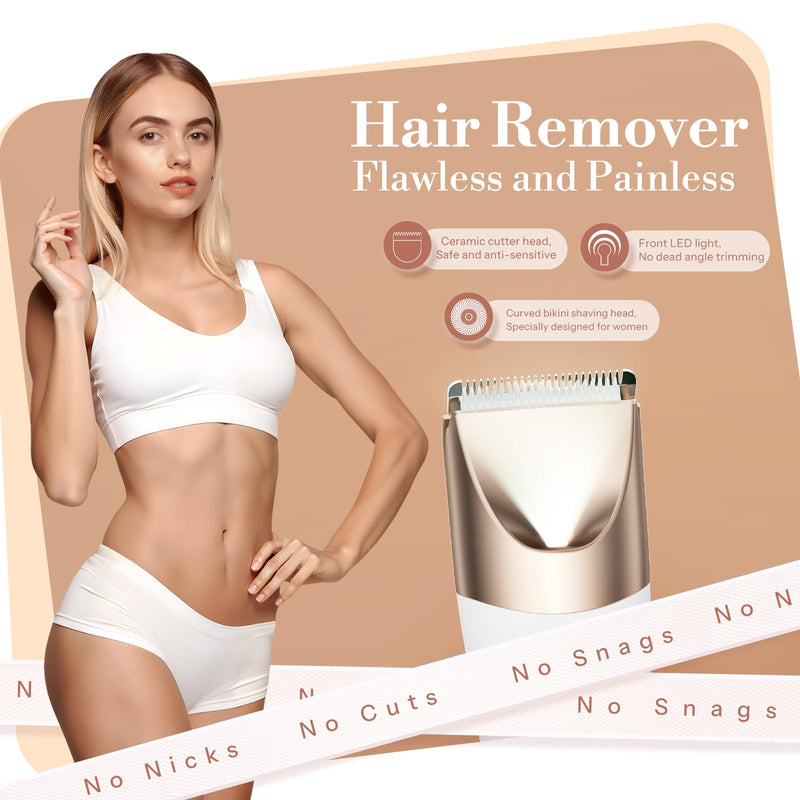 Bikini Trimmer for Women, 2 in 1 Electric Shaver for Women, Pubic Hair Trimmer Waterproof IPX7 with LED, Bikini Razor for Leg Arm Underarm Bikini Area, Pull Bows Gift Box for Friends (Shell White)
