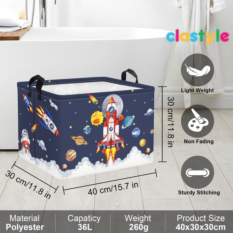 [Australia] - Clastyle Space Rocket Launch Storage Basket Boy Pool Beach Towel Bin Blue Planets Toy Book Shelf Basket Meteorit Rectangle Gift Clothes Cube 40*30*30 cm 