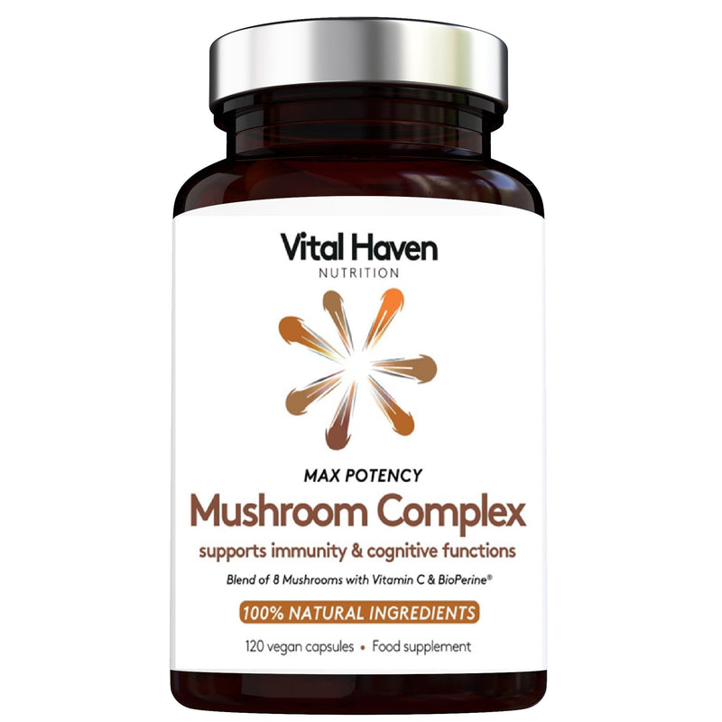Mushroom Supplement - Lions Mane, Reishi, Cordyceps, Shiitake, Maitake, Chaga, Agaricus Blazei, Tremella with VIT C - UK Made