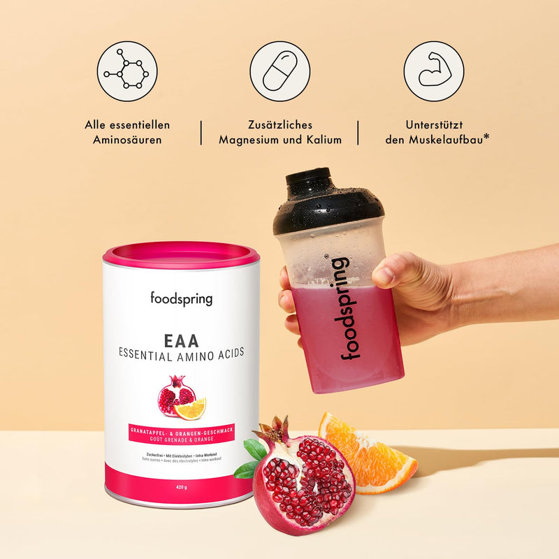 [Australia] - foodspring EAA Powder with electrolytes for building and maintaining muscle - EAA powder contains all essential amino acids - sugar-free (420g | 30 servings | 1 measuring spoon = 14g | Pomegranate & Orange) 