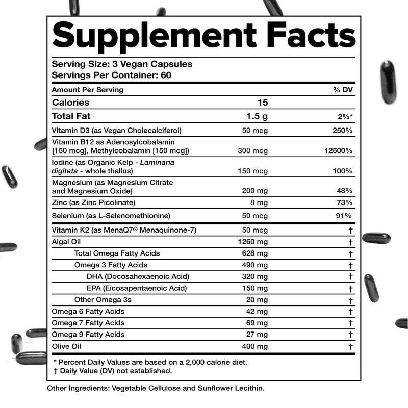 Complement Essential Vegan Multivitamin for Women & Men - Immune Support Supplement with Omega-3 DHA & EPA, B12, Vitamin D3 & K2, Zinc, Selenium, Magnesium, Iodine (60 Servings, 180 Capsules) 180 Count (Pack of 1) Vitamins Only