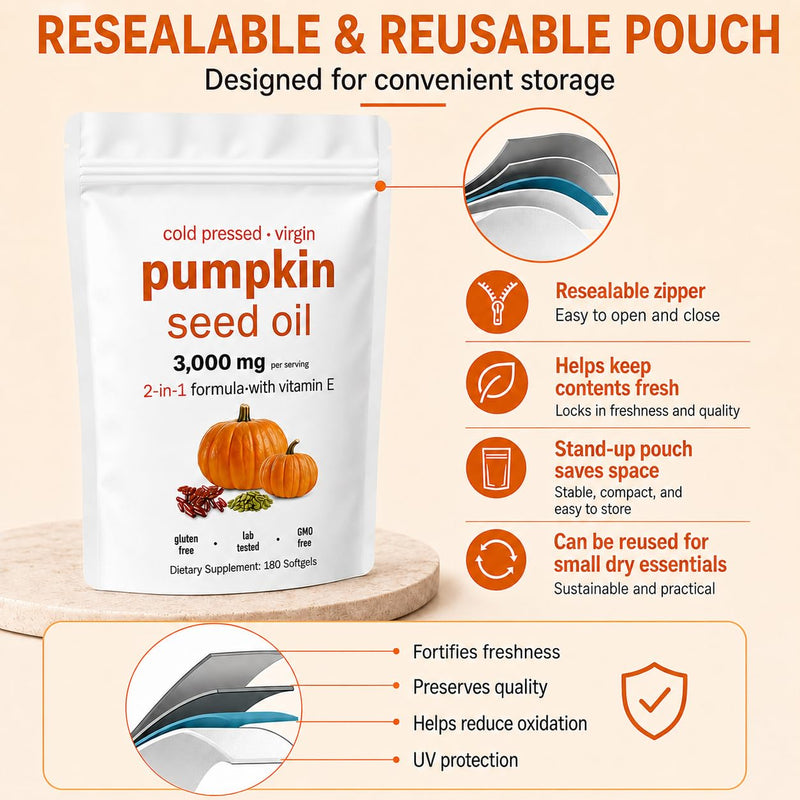 Pumpkin Seed Oil Capsules 3000mg per Serving | Cold Pressed Pumpkin Seed Oil with Linoleic & Oleic Acid, 180 Softgels | Non-GMO | Resealable Pouch