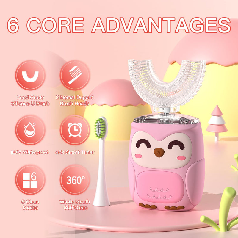 [Australia] - Kids Electric U Shaped Toothbrush, Toddler Toothbrush with 2 U-Shaped Brush Heads 2 Soft Replacements Automatic Toothbrush Rechargeable 6 Cleaning Modes - (Age2-7 Pink) Baby Pink 