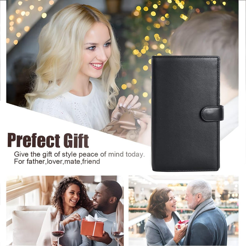 Cow Leather Family Passport Holder | Credit Cards Boarding Pass Cash Documents Holder Slots With Hidden Chain Slot | RFID Blocking Travel Wallet for Men and Women Engraved Logo - Black