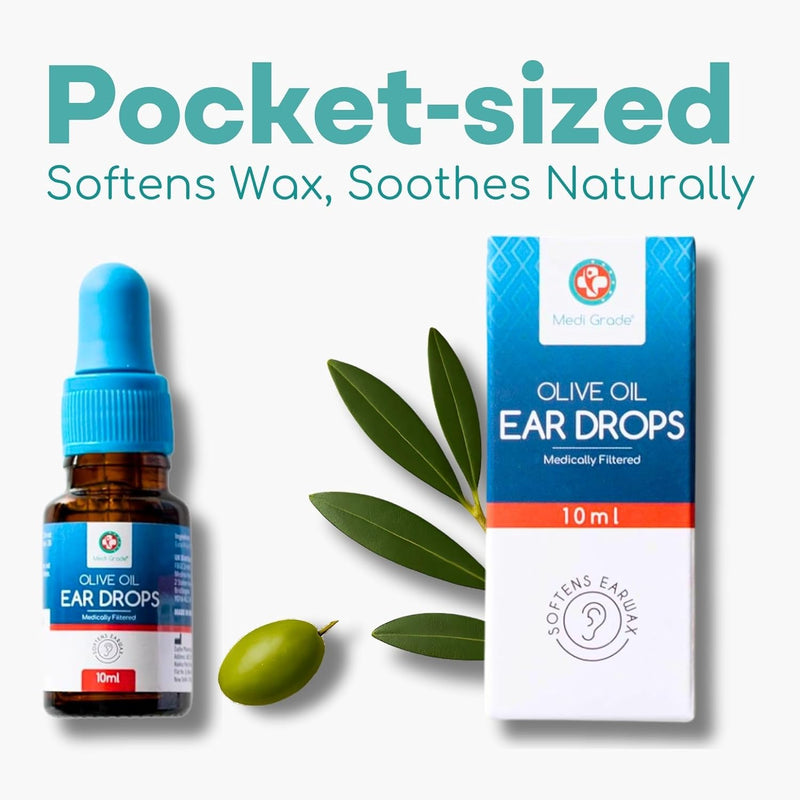 [Australia] - Medi Grade Olive Oil Ear Wax Drops, 10ml - 100% Natural Ear Wax Remover Drops, Softens & Removes Waxy Buildup in The Ear. Advanced Ear Cleaner Olive Oil Ear Drops, can be Used Alongside Ear Syringes 