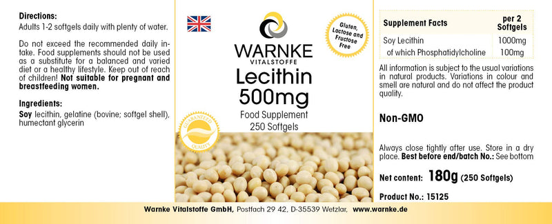 [Australia] - Lecithin 500mg - from soy - 250 softgels - GMO-free - high dosage - large pack | Warnke vital substances - German pharmacy quality 