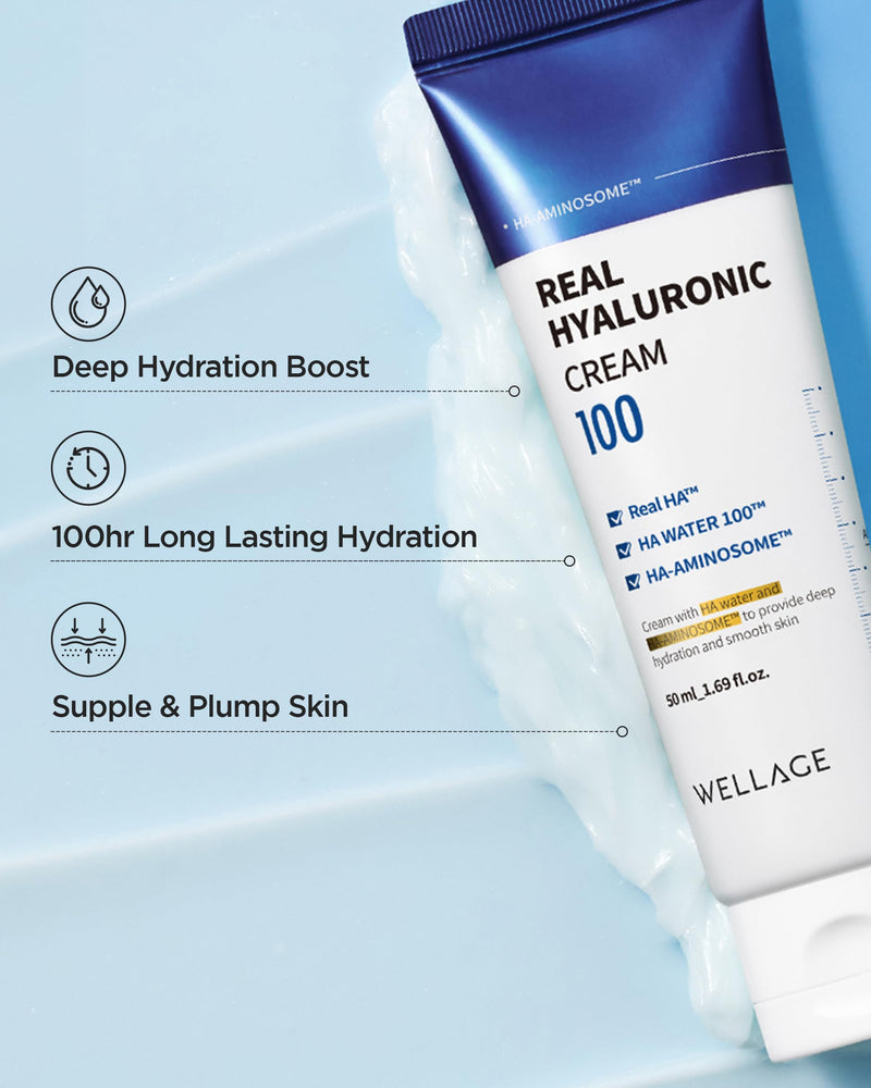 WELLAGE Real Hyaluronic Cream 100, Pure Hyaluronic Acid Korean Face Moisturizer with Ceramide Panthenol Squalane Vitamin B5 Niacinamide - Hydrating face moisturizer, Hypoallergenic, 1.69oz. | Hyaluronic Acid, Panthenol, Deep Hydration, Moisturization, ...