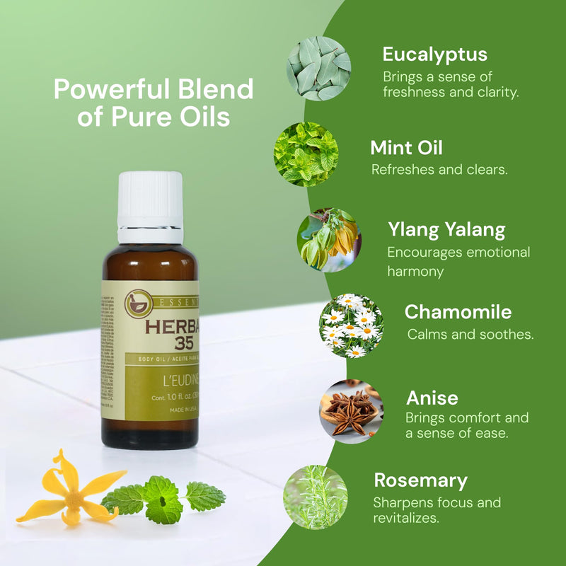 L’EUDINE Herbal 35 Essential Oil Blend - 35 Natural Extracts with Peppermint, Eucalyptus & Lavender - Relaxing Aromatherapy Oil for Diffuser, Massage & Stress Relief - Vegan & Pure Wellness, 1 Fl Oz 1 Fl Oz (Pack of 1)