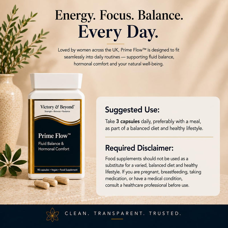 Victory & Beyond Prime Flow Fluid Balance Supplement for Women | Magnesium, Vitamin B6 & Botanical Blend | Women's Wellness & Hormonal Comfort Support | Vegan Food Supplement | 90 Capsules