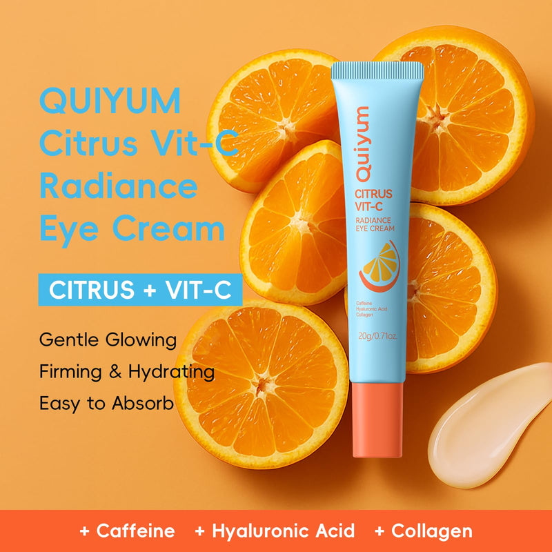 QUIYUM Citrus Vitamin C Eye Cream, for Dark Circles and Puffiness, 0.71 Oz | Glowing Eye Moisturizer with Caffeine, Hyaluronic Acid & Collagen, Under Eye Cream to Smooth Fine Lines, Non-Greasy