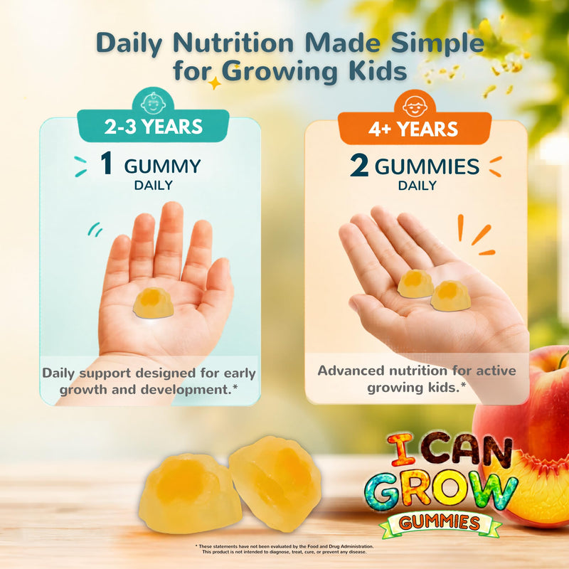 I CAN GROW Growth Gummies for Kids, Sugar Free Peach Flavor, Ages 2-9 | 60 Gummies, Center-Filled Nutrition, Amino Acids & Botanicals, Vitamin D3, K2 & Calcium