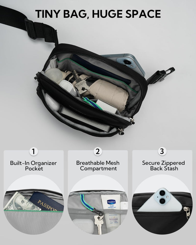 WATERFLY Fanny Pack Belt Bag for Men Women Casual Waist Pack | Lightweight 7oz, 8.3x5.9x2.4in, waist 24-47in, 3 zip pockets + slots + clip, water-repellent nylon, for travel, hiking, gym Black