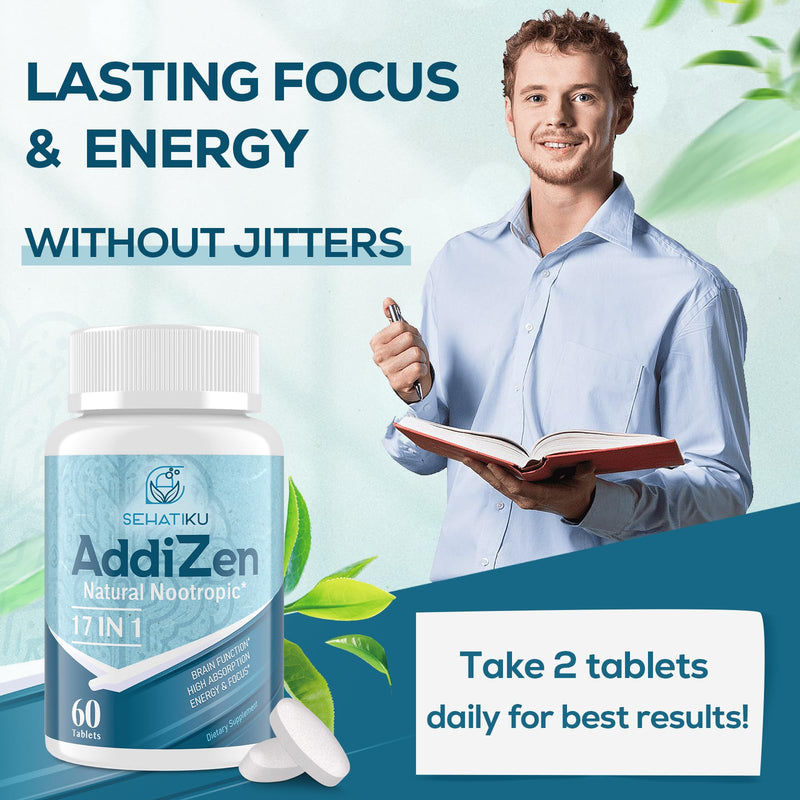 [Australia] - 17-in-1 Brain Supplement for Memory and Focus | Natural Nootropics Brain Supplement for Brain Cognition, Energy | High Absorption | L-Theanine, Phytonutrient Blend and Vitamins B6, B12 | 60 Tablets 60 Count (Pack of 1) 