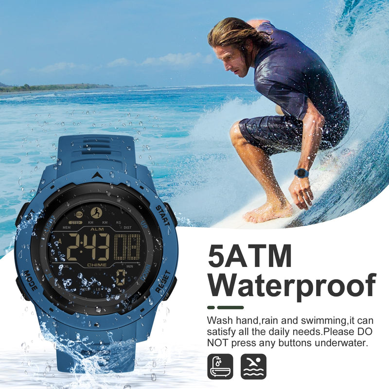 [Australia] - Men's Digital Watch Waterproof Pedometer Watches Sport Watch Step Counter Calorie Military Watch with Stopwatch Alarm LED Backlight Countdown blue 