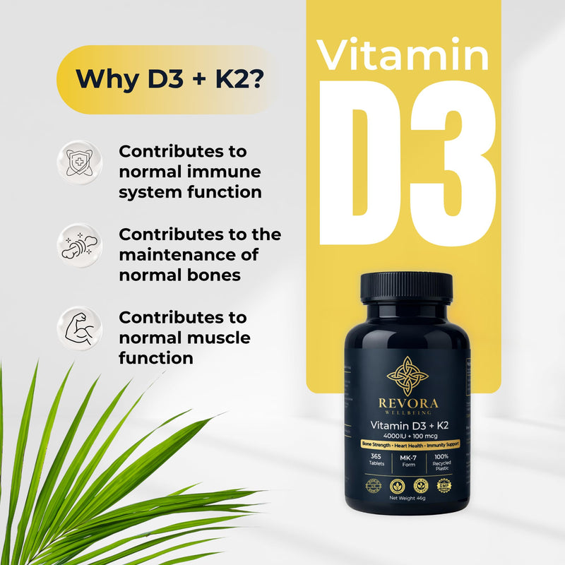 Vitamin D3 4000 IU + K2 MK7 100mcg Tablets, 1 Year Supply, 365 Tablets, High Strength Vitamin D3 K2 Supplement for Bone and Immune Support, 1 A Day, UK Made Vegetarian