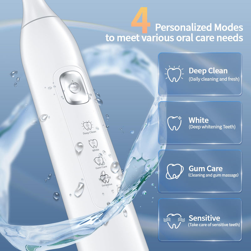 Electric Toothbrush for Adults, 42000 VPM Deep Clean Sonic Toothbrush with 6 Brush Heads, 4 Modes, 120-Day Battery Life, IPX7 Waterproof Rechargeable Toothbrushes Built-in Smart Timer (White)