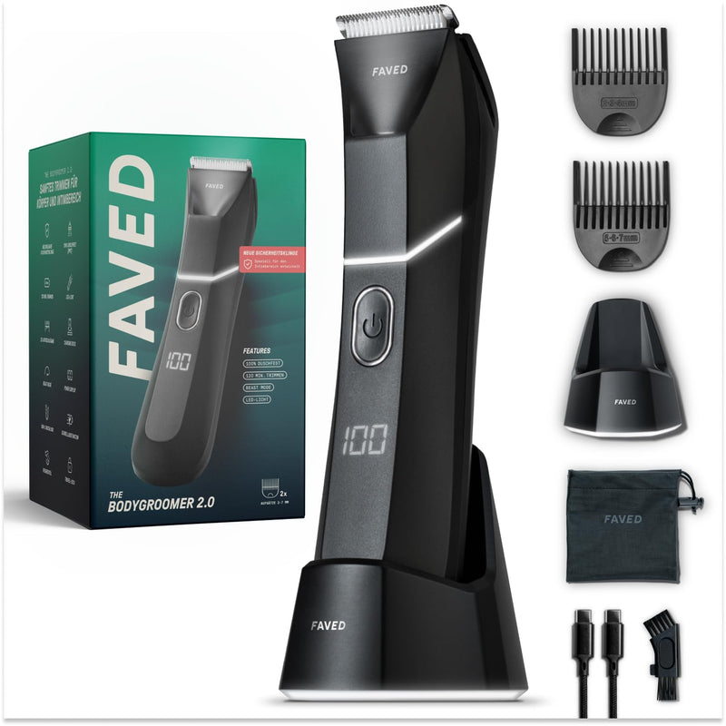 [Australia] - FAVED The Bodygroomer 2.0 intimate razor & body hair trimmer with revolutionary safety blade for men, 120 min power, shower-proof, LED light, beast mode - from Germany 