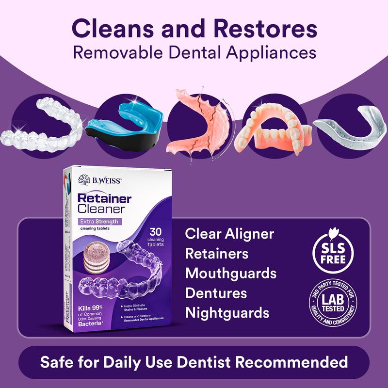[Australia] - Retainer Cleaner Tablets, Invisalign Cleaner, Remove Stains, Odors & Plaque, Night Guard Cleaner, FSA & HSA Eligible, 1-Month Supply, Denture Cleaner, 30 Tablets, Grape-Scented 30 Count (Pack of 1) 