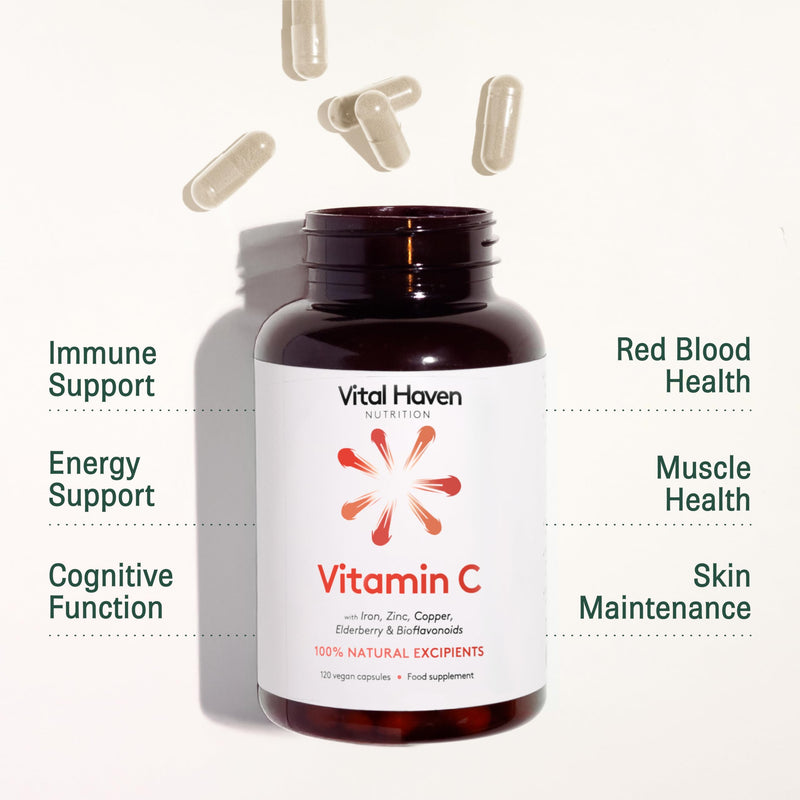 Vitamin C Supplement: Non-Acid VIT C + Iron/Zinc/Copper/Calcium with Citrus Bioflavanoids & Elderberry - UK Made