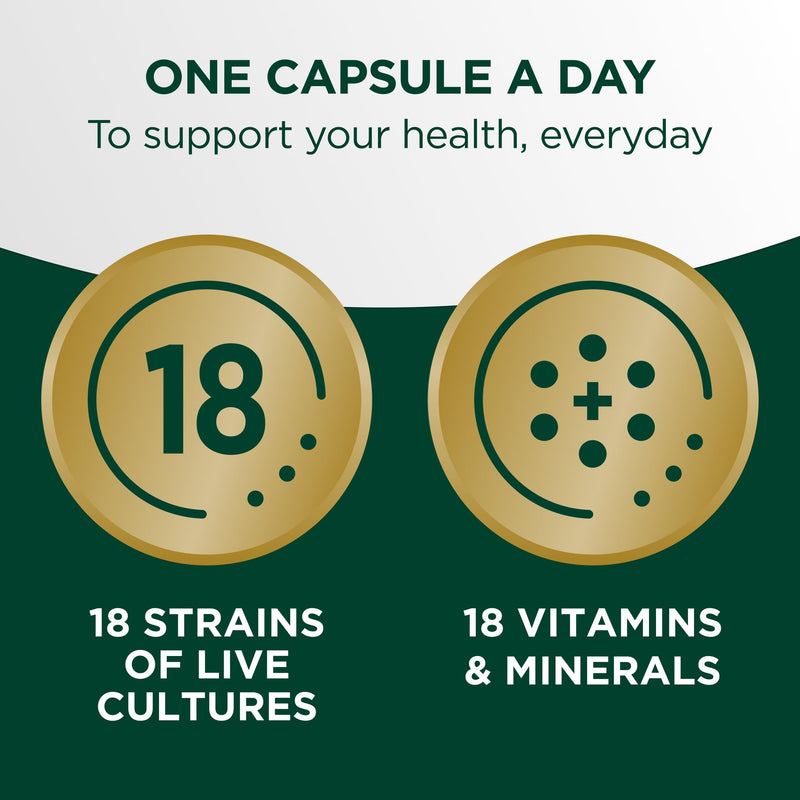 Centrum Multibiotics Complete Capsules, probiotic 18 Live Culture strains with multivitamin, 18 Essential Vitamins and Minerals Including Vitamin D, B12, Zinc and Iodine, 30 Capsules